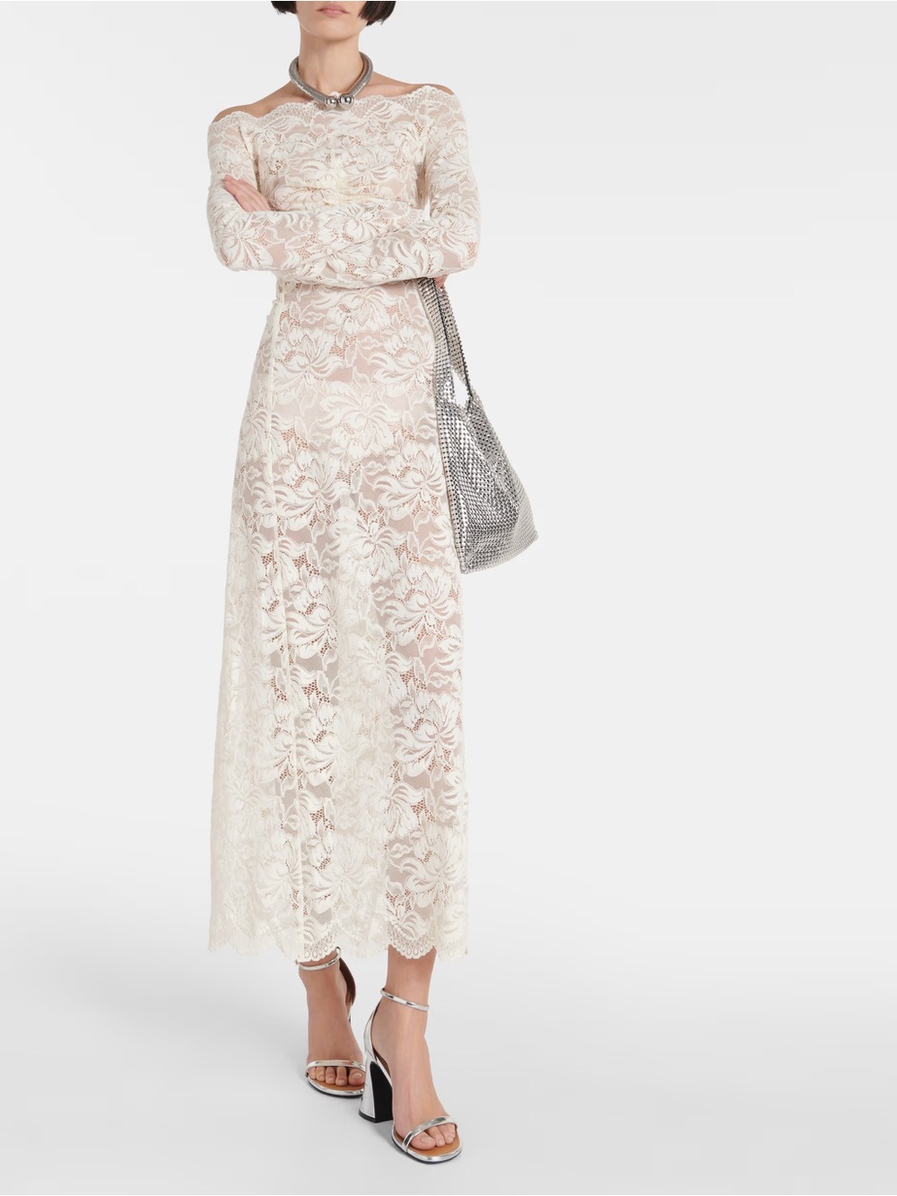 Paco Rabanne Off-shoulder lace maxi dress